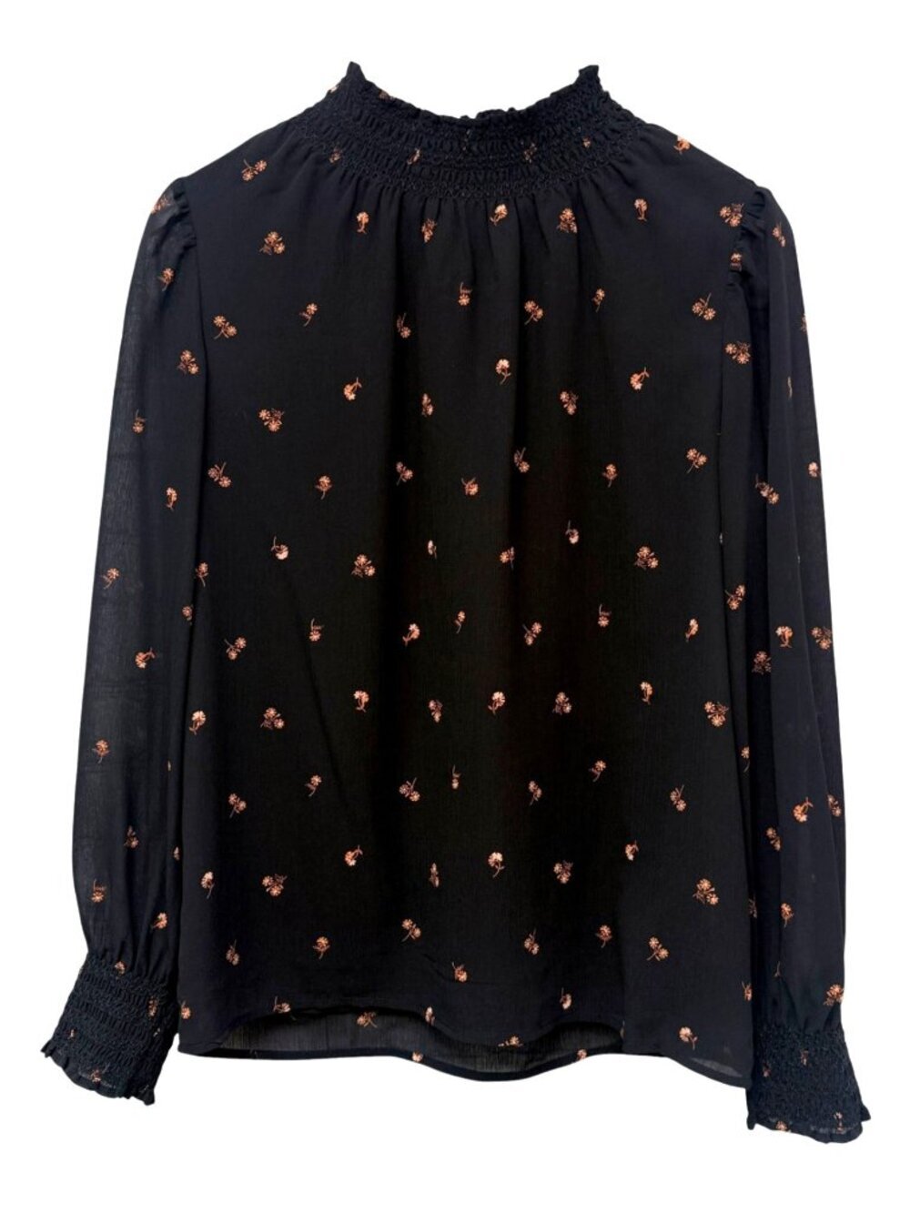 Madewell Black Floral Chiffon Blouse Small Smocked Long Sleeve Mockneck Top